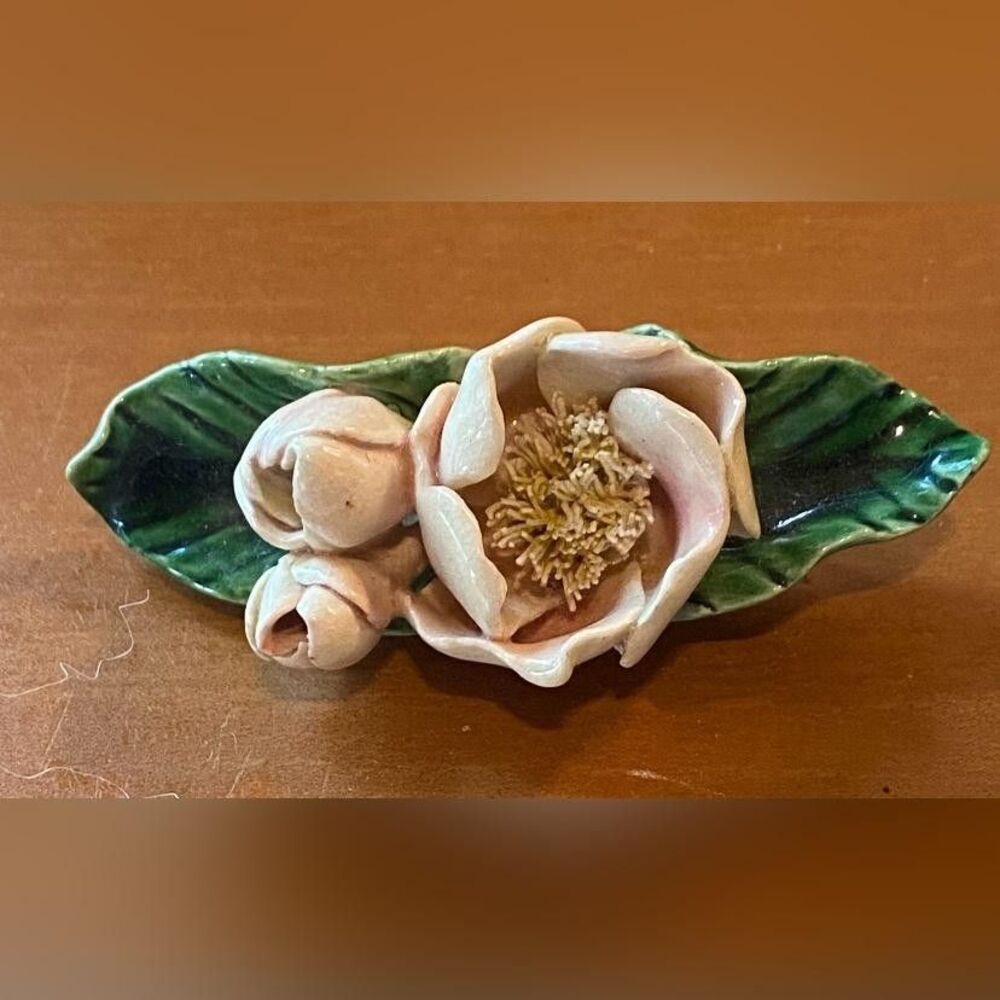 Porcelain Pink Flower Brooch Pin Green Leaves Floral 2 Buds 2.5” Vintage